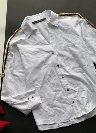 👚стильная белая рубашка с лампасами/белая свободная рубашка с декольте/рубашка в офис👚8 фото