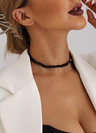 Чокер чорний мікс граней під кришталь камінці сяють на сонці  базовий стиль олд мані
