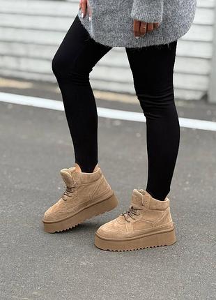 Зимние замшевые ботинки в спортивном стиле цвет кемэл - сникеры, зимние кроссовки, зимние кеды