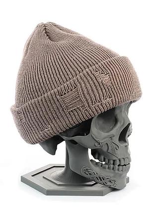 Рваная шапка-бини двухслойная бомжатка розово-коричневая