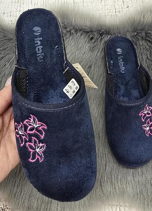 Тапочки домашние женские inblu синие велюровые с вышивкой на тонкой подошве 8186
