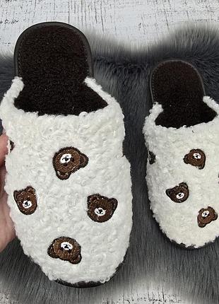Тапочки женские белста белые с коричневым меховые с закрытым носком 8190