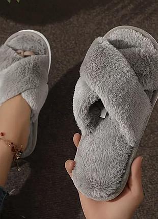 Серые женские тапки теплые меховые открытые 39 р. 25 см стелька