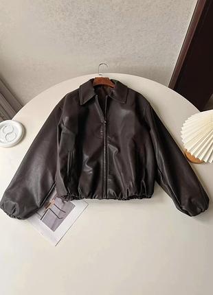 Куртка шоколадний шкіряний бомбер кожанка