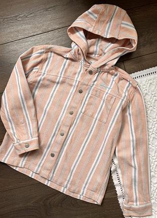 Персикова рубашка сорочка довгий рукав на кнопках з капюшоном в полоску 9 10 років на верх