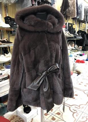 Шуба норкова паркетка шоколад,з капюшоном,пояс шкіра