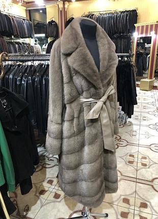 Норкова шуба довга,під пояс,халатна,англійський комір