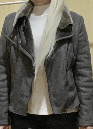 Eur 42 косуха тепла коротка зимова дублянка на хутрі сіра жіноча