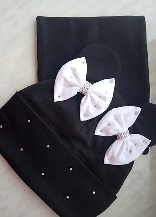 Зимова шапочка для девочки с ушками микки стразы утеплена флисом