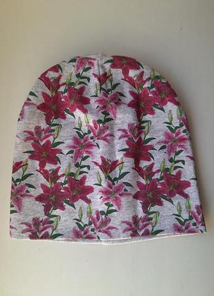 Хлопковая шапочка на девочку, цветочный принт, 48-50 размер