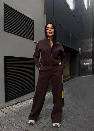 ❗️ не кошлатиться ❗️ жіночий теплий костюм на флісі бомбер на змійці та штани палаццо 95% бавовна шоколадний чорний бежевий жовтий рожевий блакитний
