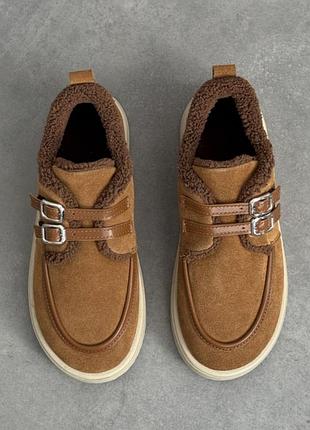 Женские зимние ботинки лоферы автоледи с анатомическим носиком из итальянской замши рыжего цвета, 10509