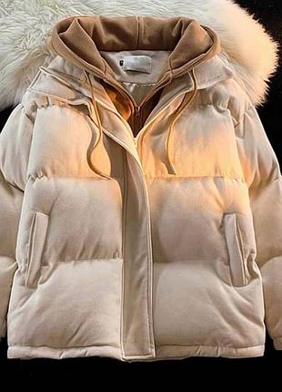 Женский замшевый пуховик женская замшевая куртка пуховик со вшитым капюшоном на молнии затяжках с карманами бежевый зимняя куртка зимний пуховик