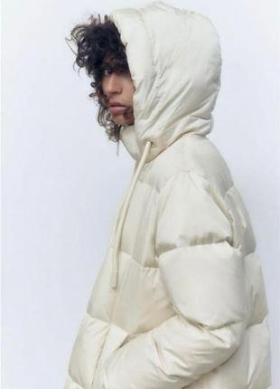 Зимний термо пуховик экрю пух/перо zara ecru hooded down coat.