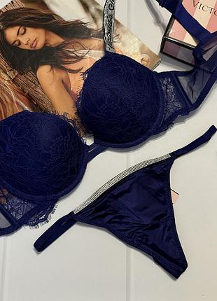 Мереживний комплект білизни люкс серії  victoria’s secret оригінал прикрашений камінням swarovski з пуш ап