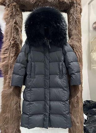 Пуховик довгий натуральний гусячий пух та хутро