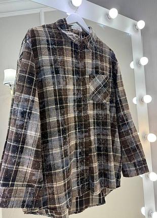 Стрази 💫 хлопковая оверсайз рубашка в клетку с вареным эффектом варенка в клетку сияющая блестящая
