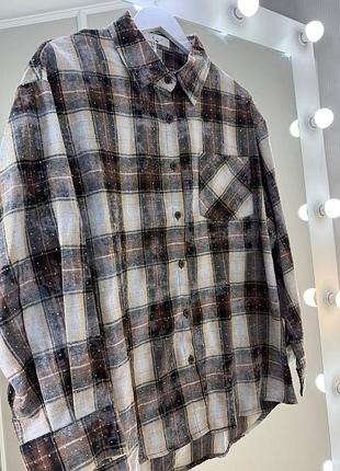 Стрази 💫 хлопковая оверсайз рубашка в клетку с вареным эффектом варенка в клетку сияющая блестящая