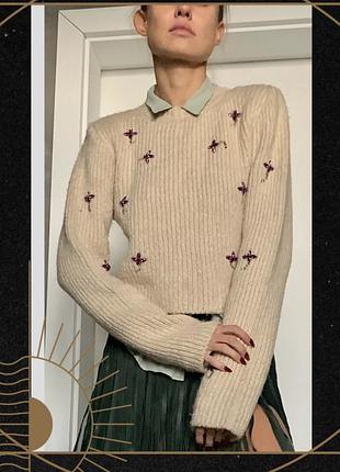 Бежевий оверсайз светр обʼємний вовна стрази класика кофта довгий рукав оверсайз коричнева oldmoney cos