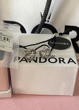 Оригинальные серьги сережки гвоздики сердце бесконечность с камнями оригинал пандора pandora