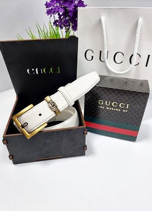 Ремень женский 3см кожаный китай белый бронза + коробка, пояс натуральная кожа, ремень прошит из натуральной кожи пояс