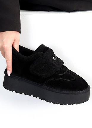 Натуральная замша, базовые черные женские зимние ботинки