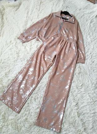 Крутий класний костюм туреччина трикотаж петля сріблястим напиленням довгі широкі штани палаццо якість