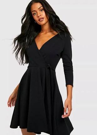 ⚫ платье boohoo (новое) - женское, трикотажное, на запах с поясом | черный | меди | размер l (uk 14 / 48)
