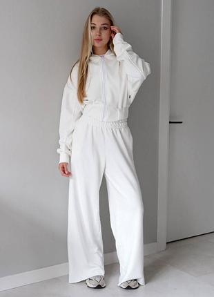 Женский спортивный костюм белый худи с капюшом палаццо трехнитка диагональ