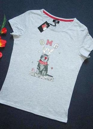 Хлопковая новогодняя футболка с котиком f&amp;f ⛄❄️⛄