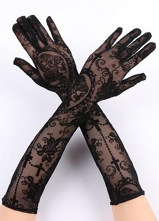 Перчатки женские длинные высокие черные с принтом новые