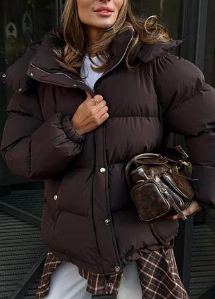 Теплий зимовий дутий пуховик до -25° з капюшоном шоколад, жіночий об'ємний пуховик на зиму з кишенями, пуховик дутий зима, dress