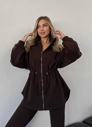 Теплая кофта кардиган на молнии на талии регулируется затяжками-кулисками