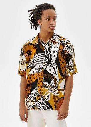 Bershka яркая рубашка тенниска гавайка гавайская короткий рукав рыжая выразительный принт оранжевая вискоза