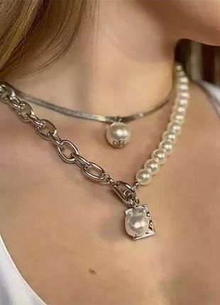 Чокер на шею многоуровневая серебро цепи жемчуга