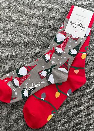 Праздничные женские носки happy socks серо-красные гномы демисезонные, красный 2701257