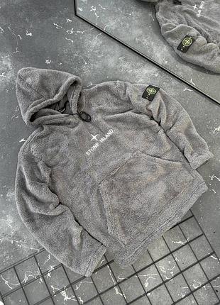 Чоловічий теплий плюшевий худі тедді stone island з патчем сірий