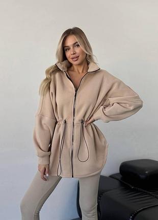 Женская теплая кофта с молнией и затяжками, трехнитка на флисе оверсайз