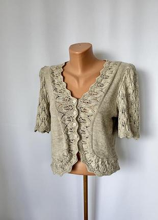 Pfister бежевый вязанный кардиган лён хлопок шерсть австрийский традиционный кофта ажурная короткий рукав романтик ретро винтаж