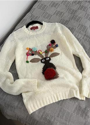 Молочний новорічний подовжений светр з вмістом вовни з оленем