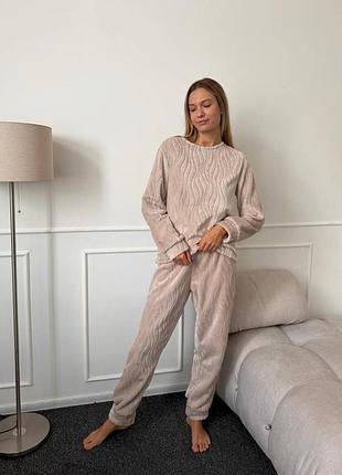 Жіноча повсякденна класична домашня тепла махрова піжама двійка штани та кофта тканина якісна двостороння фактурна махра