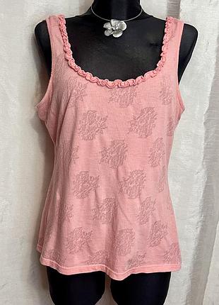 Винтажная коралловая майка с жатым узором и оборкой vintage