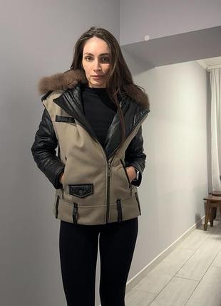 Зимова куртка трансформер косуха авіатор кашемір шкіра з хутром песця жіночий верхній одяг пальто