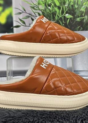 Тапочки женские luck line чуни эко-кожа на меху светло-коричневые 4585