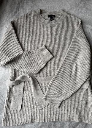 Продам теплий в'язаний светр new look з поясом (бежевий/молочний/світло-сірий)