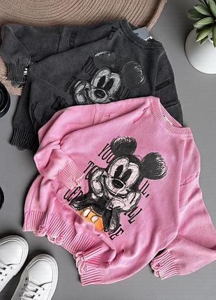 Светр жіночий оверсайз з мікі маусом з рванками в стилі гранж