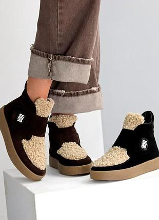 Черевики зимові з натуральної замші з хутром тедді, всередині напівшерсть