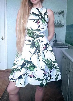 Karen millen мини платье белое eu 38 цветочный принт тропические лилии коттон