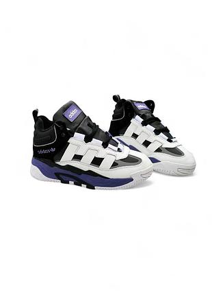 Зимние женские кроссовки adidas niteball белые с фиолетовым (кожа, мех)