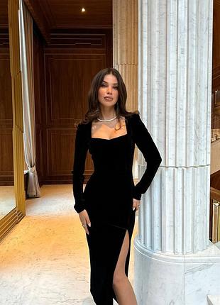 Сукня міді з оксамиту з розрізом🖤🖤🖤